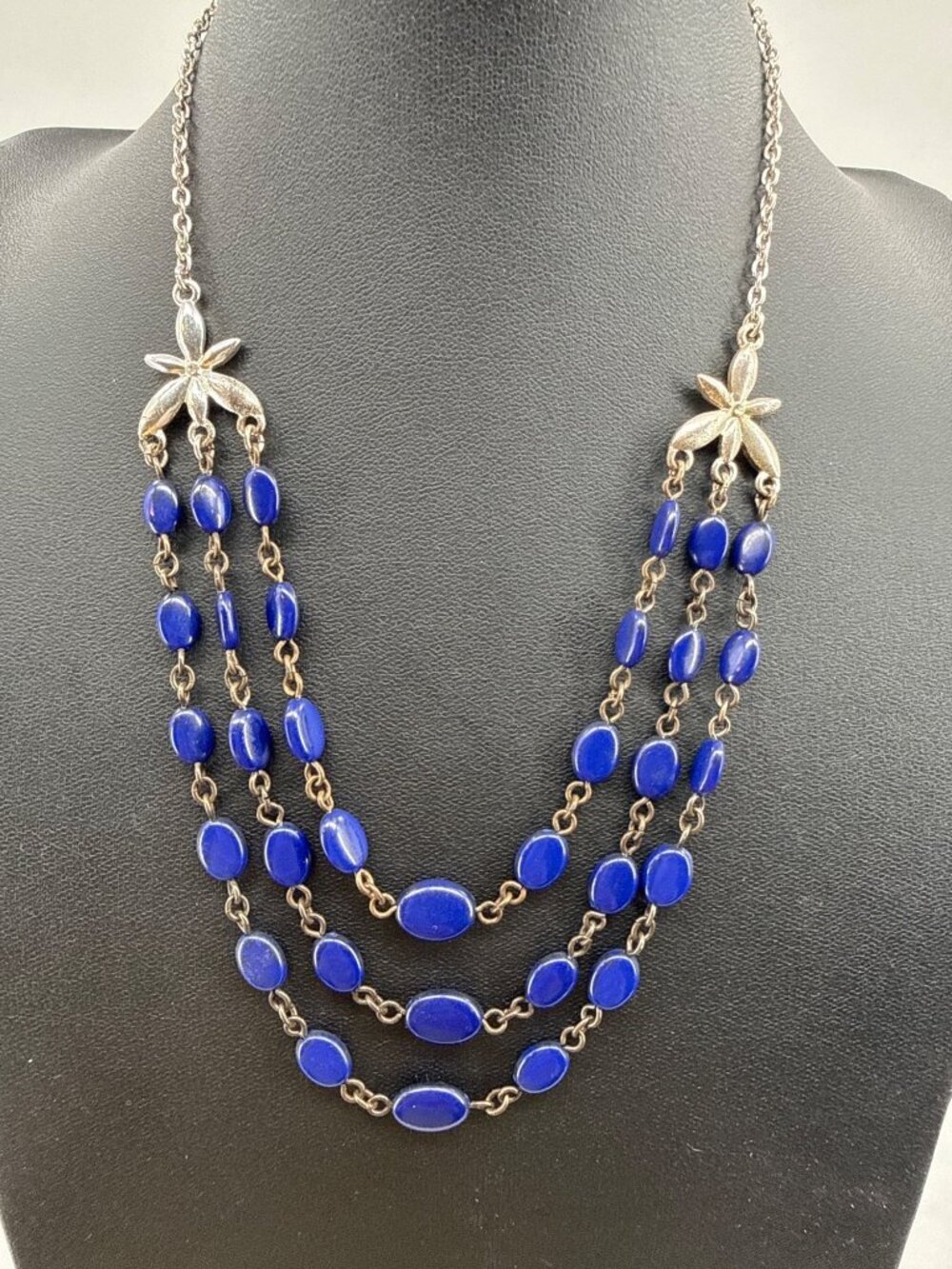 Vintage Avon 3 Strand Cobalt Blue Bead Necklace Silver Starburst Y2K Indie